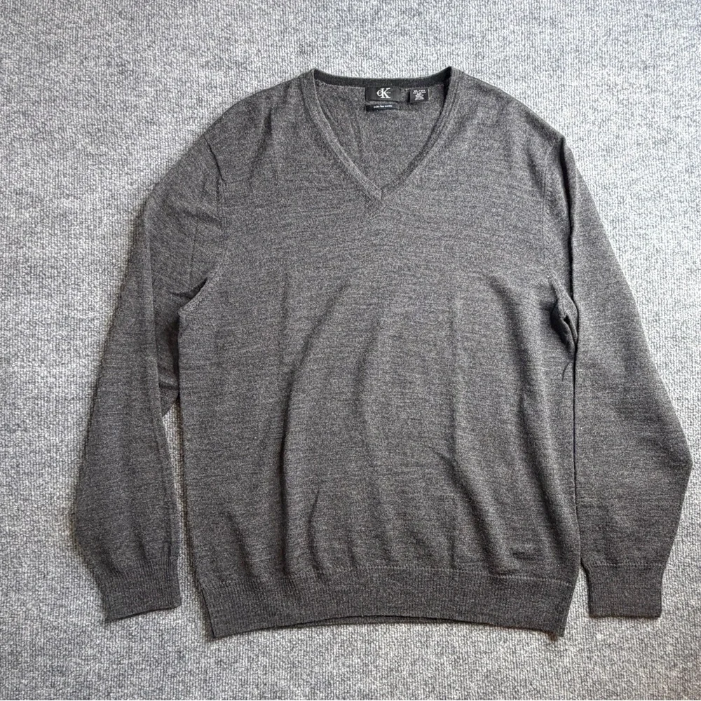 Calvin‎ Klein Sweater Men XLarge Gray Merino Wool V-Neck Jumper Old Money Luxury